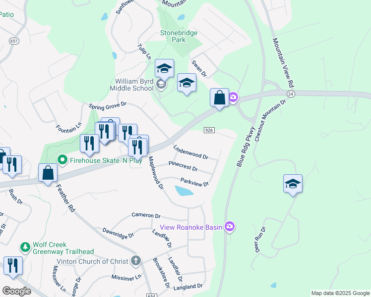 map of restaurants, bars, coffee shops, grocery stores, and more near 2612 Lindenwood Drive in Vinton