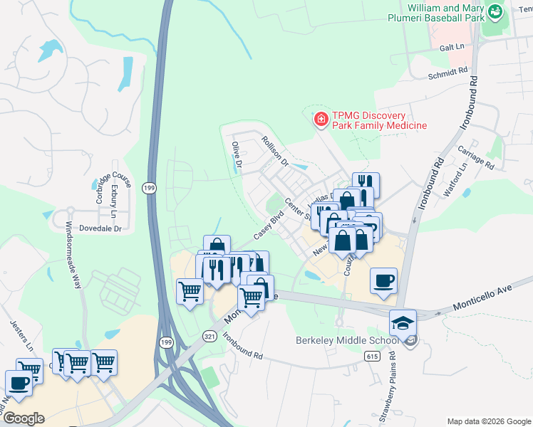 map of restaurants, bars, coffee shops, grocery stores, and more near Casey Boulevard in Williamsburg