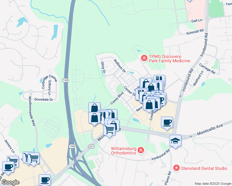 map of restaurants, bars, coffee shops, grocery stores, and more near 5411 Beverly Lane in Williamsburg