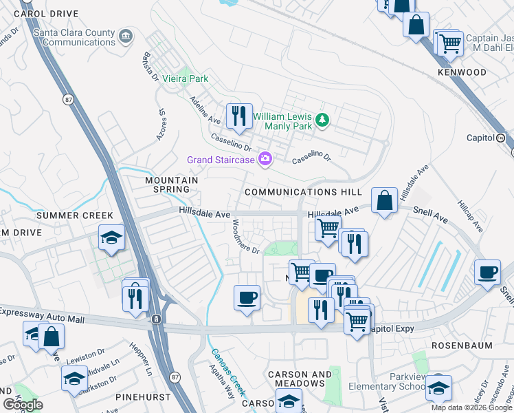 map of restaurants, bars, coffee shops, grocery stores, and more near 416 Tower Hill Avenue in San Jose