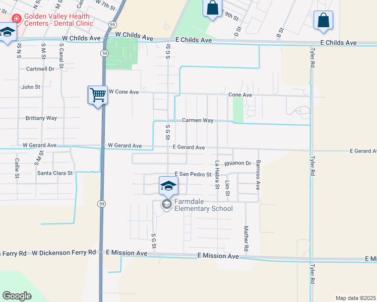 map of restaurants, bars, coffee shops, grocery stores, and more near 107 El Verano Way in Merced