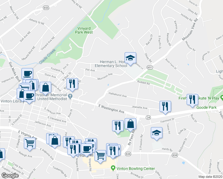 map of restaurants, bars, coffee shops, grocery stores, and more near 1103 Mountain View Road in Vinton