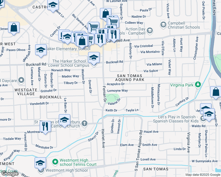 map of restaurants, bars, coffee shops, grocery stores, and more near 4152 Acapulco Drive in Campbell