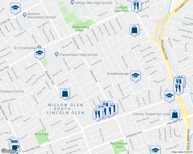 map of restaurants, bars, coffee shops, grocery stores, and more near 1453 Cherry Garden Lane in San Jose