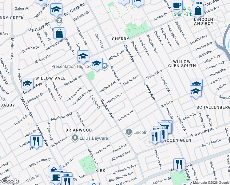 map of restaurants, bars, coffee shops, grocery stores, and more near 1559 Marcia Avenue in San Jose