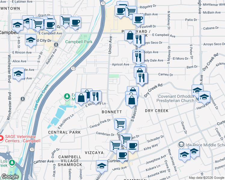 map of restaurants, bars, coffee shops, grocery stores, and more near 386 Union Avenue in Campbell