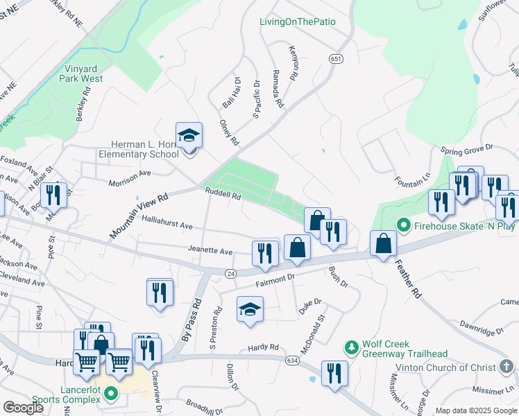 map of restaurants, bars, coffee shops, grocery stores, and more near 1179 Ruddell Road in Vinton