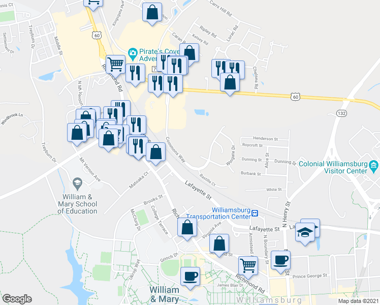 map of restaurants, bars, coffee shops, grocery stores, and more near 101 Windsor Lane in Williamsburg