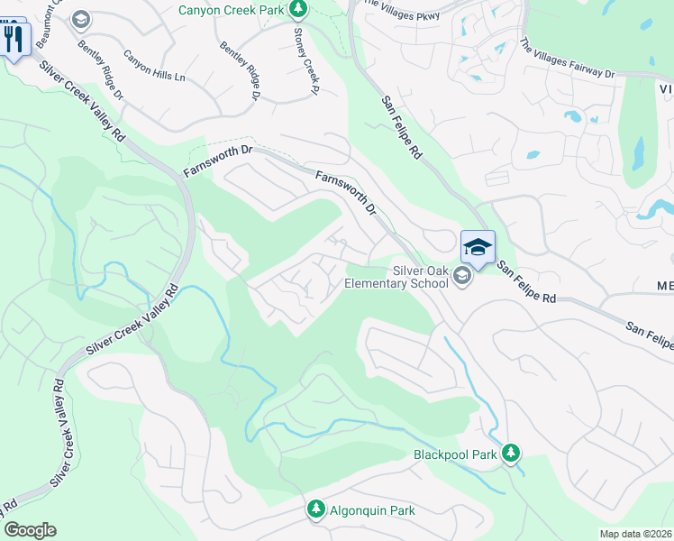 map of restaurants, bars, coffee shops, grocery stores, and more near 5393 Silver Trail Court in San Jose