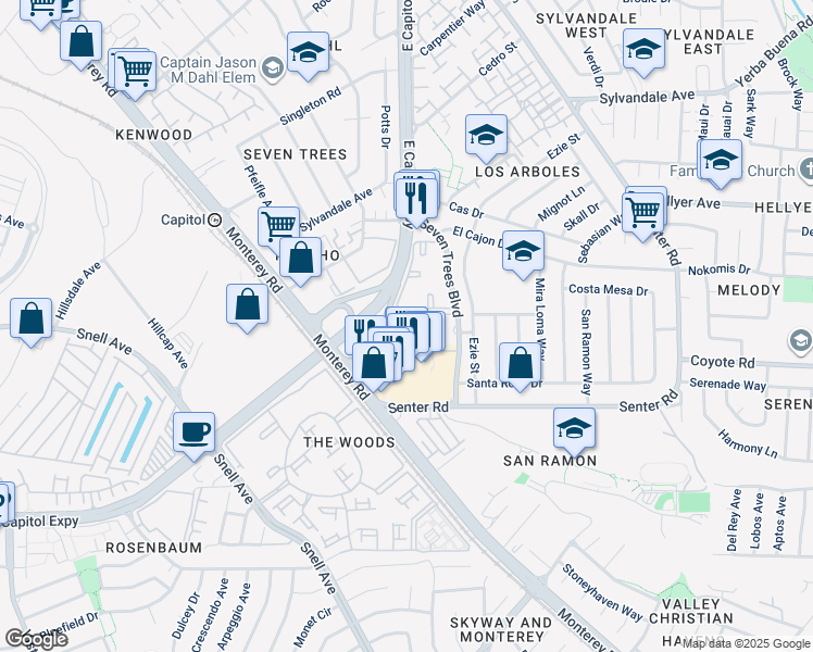 map of restaurants, bars, coffee shops, grocery stores, and more near 3975 Seven Trees Boulevard in San Jose