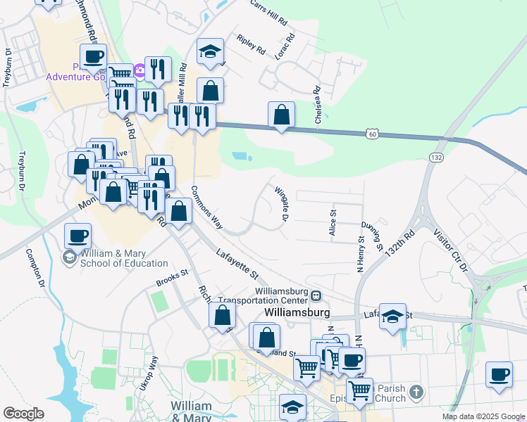 map of restaurants, bars, coffee shops, grocery stores, and more near 116 Fyfe Court in Williamsburg