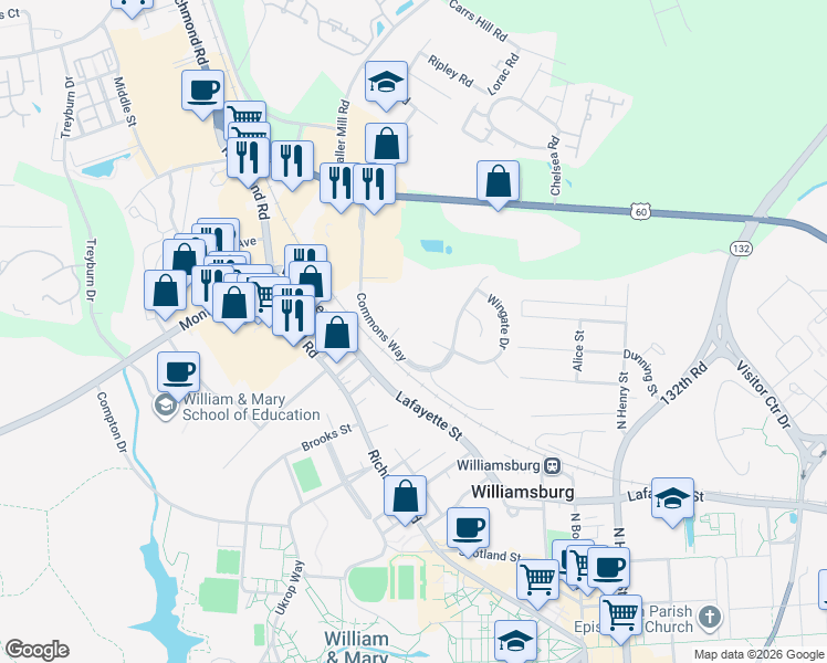 map of restaurants, bars, coffee shops, grocery stores, and more near 101 Windsor Lane in Williamsburg