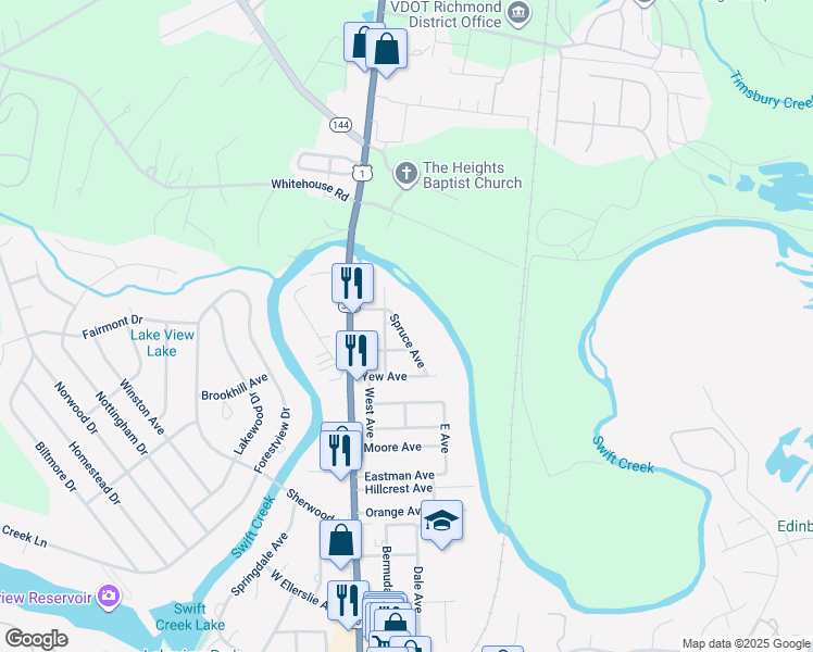 map of restaurants, bars, coffee shops, grocery stores, and more near 3617 Spruce Avenue in Colonial Heights
