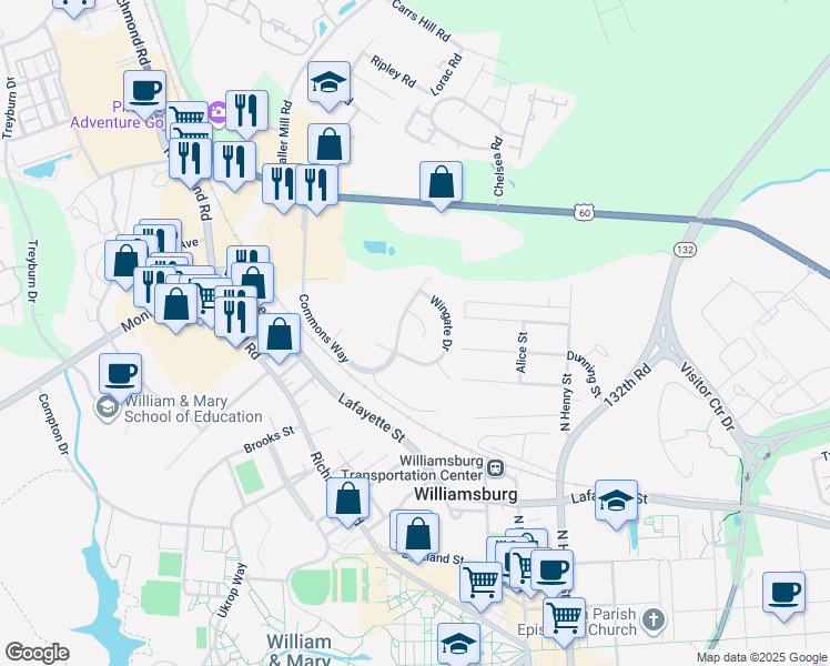 map of restaurants, bars, coffee shops, grocery stores, and more near 116 Fyfe Court in Williamsburg