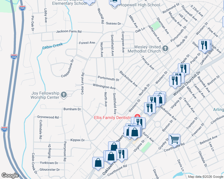 map of restaurants, bars, coffee shops, grocery stores, and more near 3404 Wilmington Avenue in Hopewell