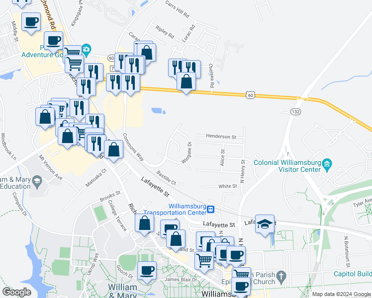 map of restaurants, bars, coffee shops, grocery stores, and more near 211 Wingate Drive in Williamsburg