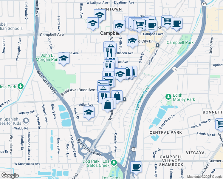 map of restaurants, bars, coffee shops, grocery stores, and more near S Winchester Blvd & Budd Ave in Campbell
