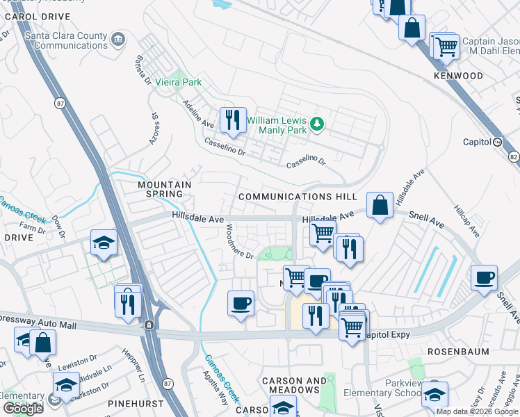 map of restaurants, bars, coffee shops, grocery stores, and more near 416 Tower Hill Avenue in San Jose