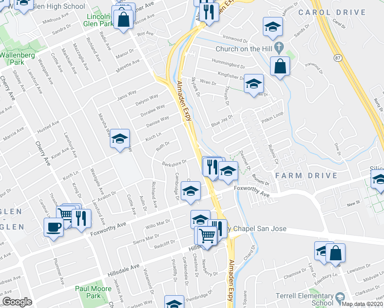 map of restaurants, bars, coffee shops, grocery stores, and more near 2742 Barbara Way in San Jose