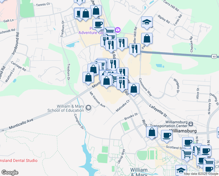 map of restaurants, bars, coffee shops, grocery stores, and more near 1234 Richmond Road in Williamsburg