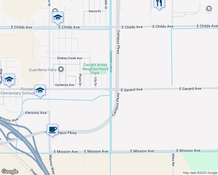 map of restaurants, bars, coffee shops, grocery stores, and more near 492 Zinnia Court in Merced