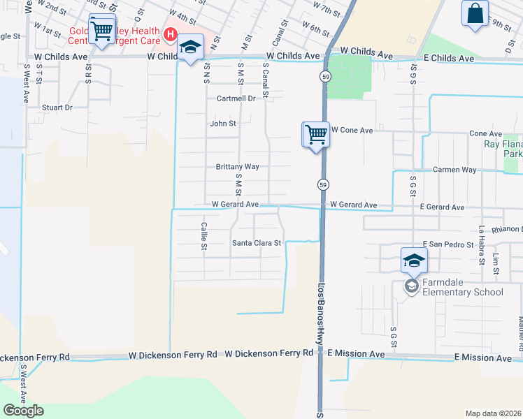 map of restaurants, bars, coffee shops, grocery stores, and more near 562 Janell Court in Merced