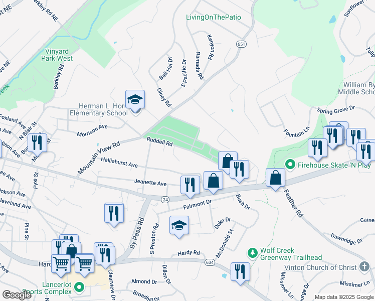 map of restaurants, bars, coffee shops, grocery stores, and more near 1179 Ruddell Road in Vinton