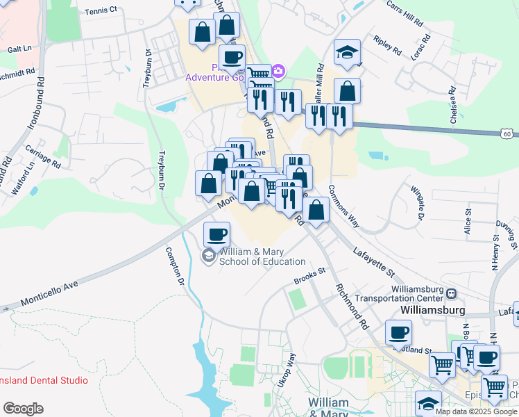 map of restaurants, bars, coffee shops, grocery stores, and more near 159 Monticello Avenue in Williamsburg