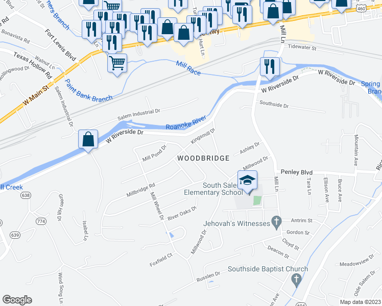 map of restaurants, bars, coffee shops, grocery stores, and more near 1904 Stone Mill Drive in Salem
