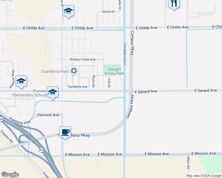 map of restaurants, bars, coffee shops, grocery stores, and more near 494 Lily Drive in Merced