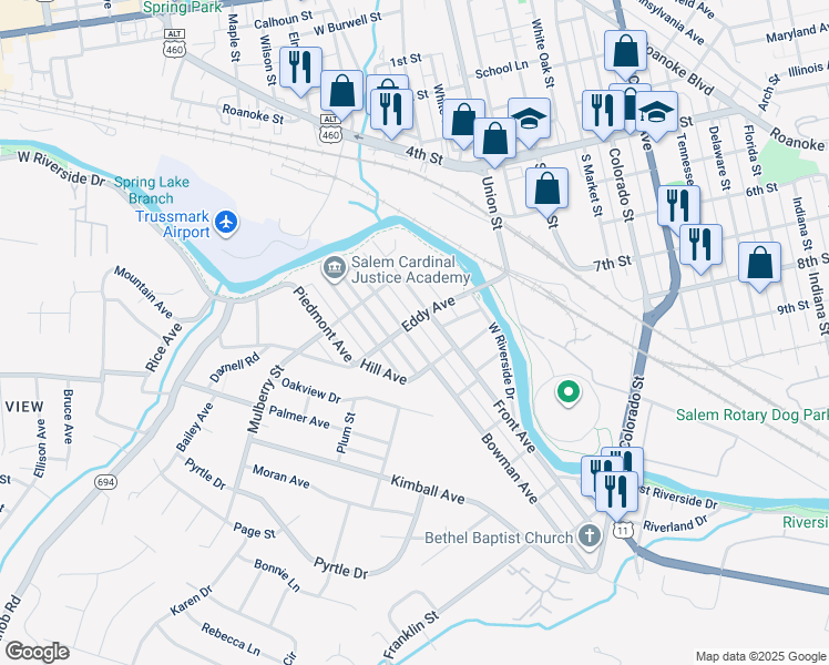 map of restaurants, bars, coffee shops, grocery stores, and more near 615 Bowman Avenue in Salem