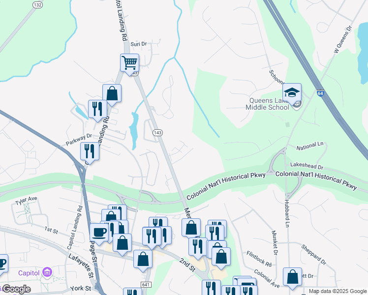 map of restaurants, bars, coffee shops, grocery stores, and more near 285 Merrimac Trail in Williamsburg