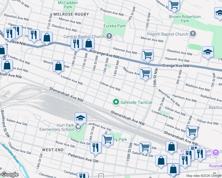 map of restaurants, bars, coffee shops, grocery stores, and more near 1315 Gilmer Avenue Northwest in Roanoke