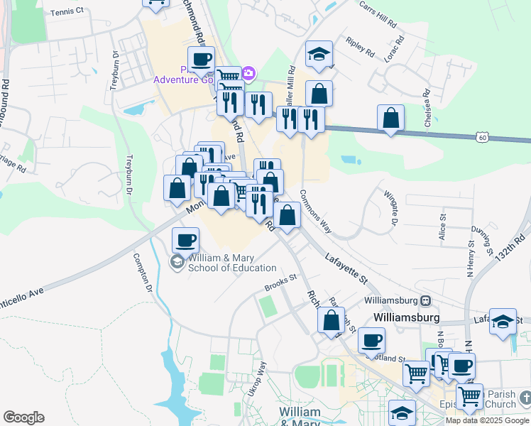 map of restaurants, bars, coffee shops, grocery stores, and more near 1205 Richmond Road in Williamsburg