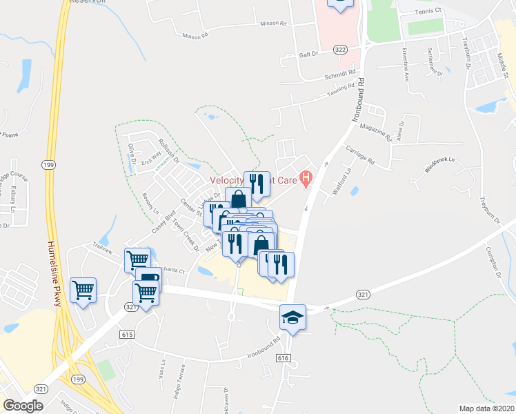 map of restaurants, bars, coffee shops, grocery stores, and more near 4345 New Town Avenue in Williamsburg