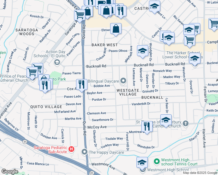 map of restaurants, bars, coffee shops, grocery stores, and more near 5094 Bobbie Avenue in San Jose