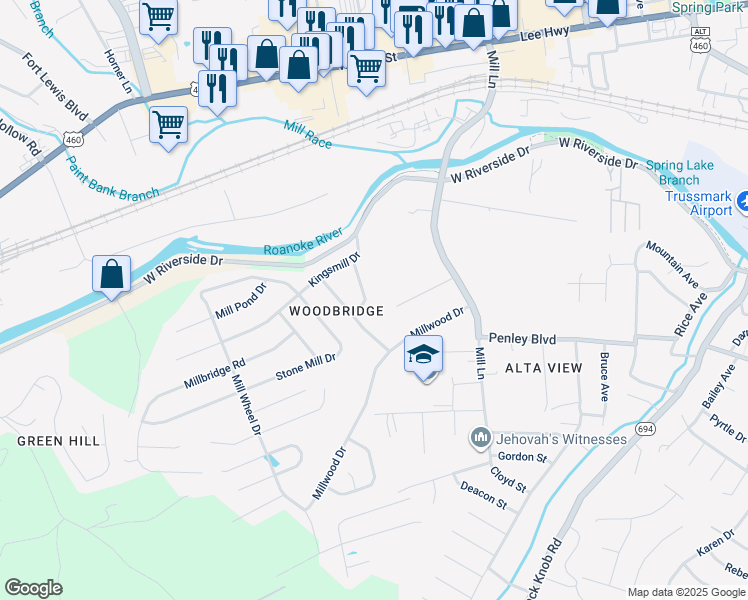 map of restaurants, bars, coffee shops, grocery stores, and more near 1916 Old Mill Drive in Salem