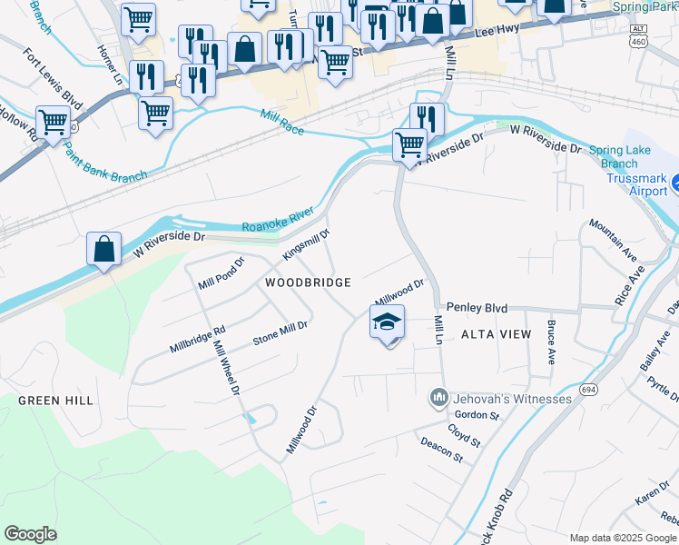 map of restaurants, bars, coffee shops, grocery stores, and more near 1916 Old Mill Drive in Salem