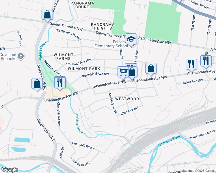 map of restaurants, bars, coffee shops, grocery stores, and more near 3658 Shenandoah Avenue Northwest in Roanoke
