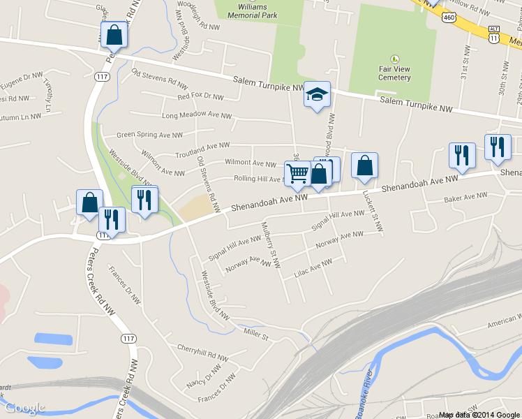 map of restaurants, bars, coffee shops, grocery stores, and more near 3658 Shenandoah Avenue Northwest in Roanoke