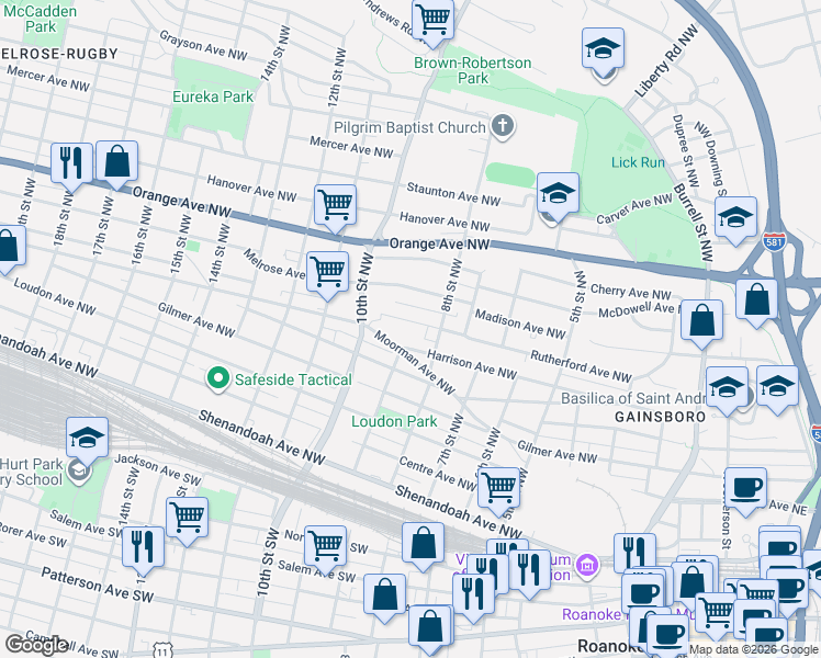 map of restaurants, bars, coffee shops, grocery stores, and more near 830 Rutherford Ave NW in Roanoke