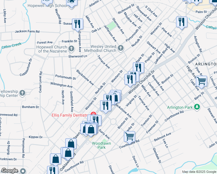 map of restaurants, bars, coffee shops, grocery stores, and more near 3204 Western Street in Hopewell
