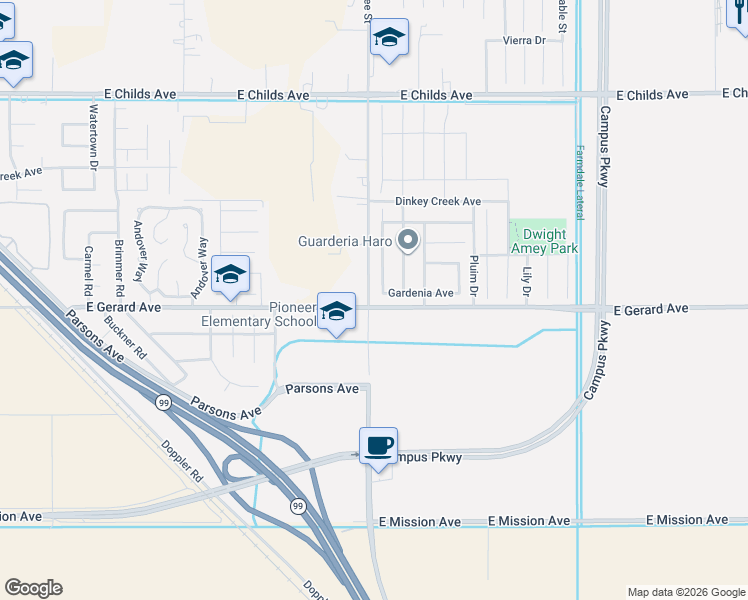 map of restaurants, bars, coffee shops, grocery stores, and more near 497 Carly Anne Drive in Merced
