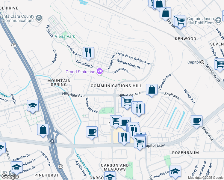 map of restaurants, bars, coffee shops, grocery stores, and more near 3415 Vittoria Place in San Jose