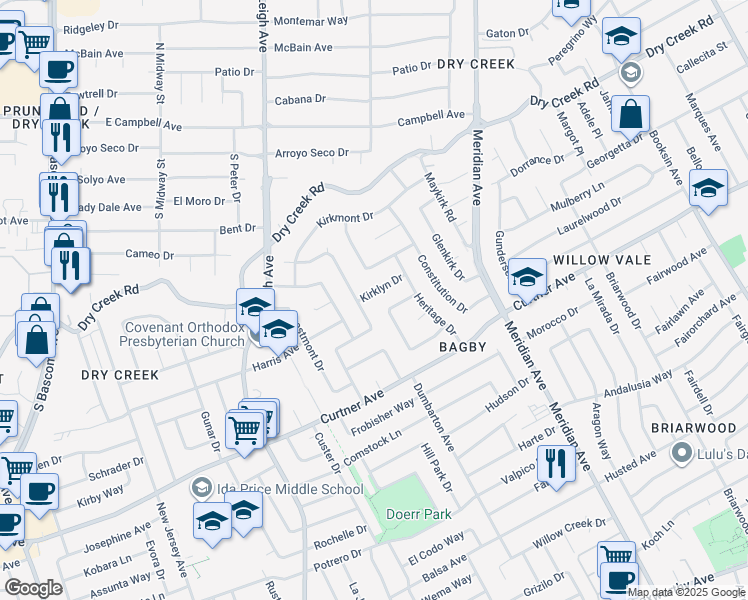 map of restaurants, bars, coffee shops, grocery stores, and more near 2290 Westmoreland Drive in San Jose