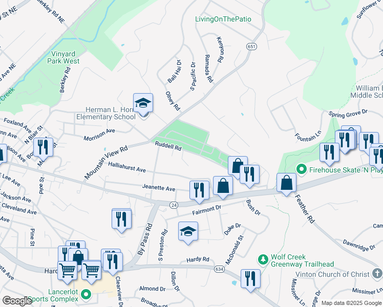 map of restaurants, bars, coffee shops, grocery stores, and more near 1179 Ruddell Road in Vinton