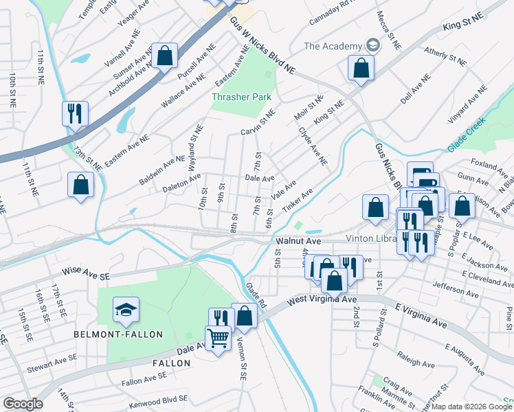 map of restaurants, bars, coffee shops, grocery stores, and more near 220 8th Street in Vinton
