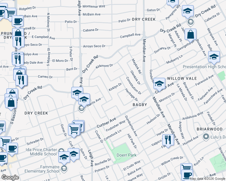 map of restaurants, bars, coffee shops, grocery stores, and more near 2290 Westmoreland Drive in San Jose