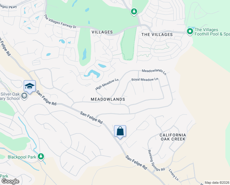 map of restaurants, bars, coffee shops, grocery stores, and more near Meadowlands Lane in San Jose