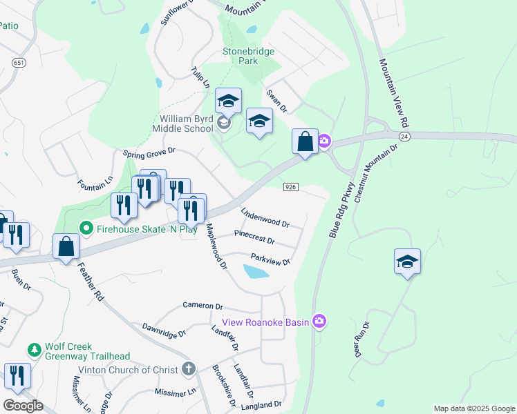 map of restaurants, bars, coffee shops, grocery stores, and more near 2612 Lindenwood Drive in Vinton
